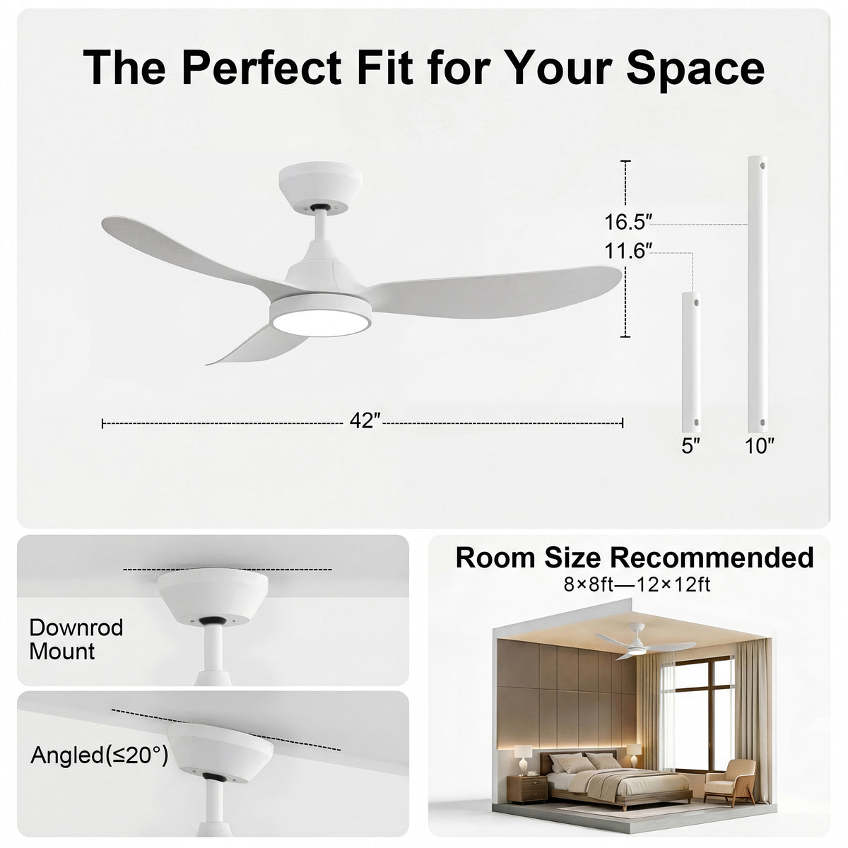 42-Inch Downrod Mount 3-Blade Ceiling Fan with Light and Remote Control
