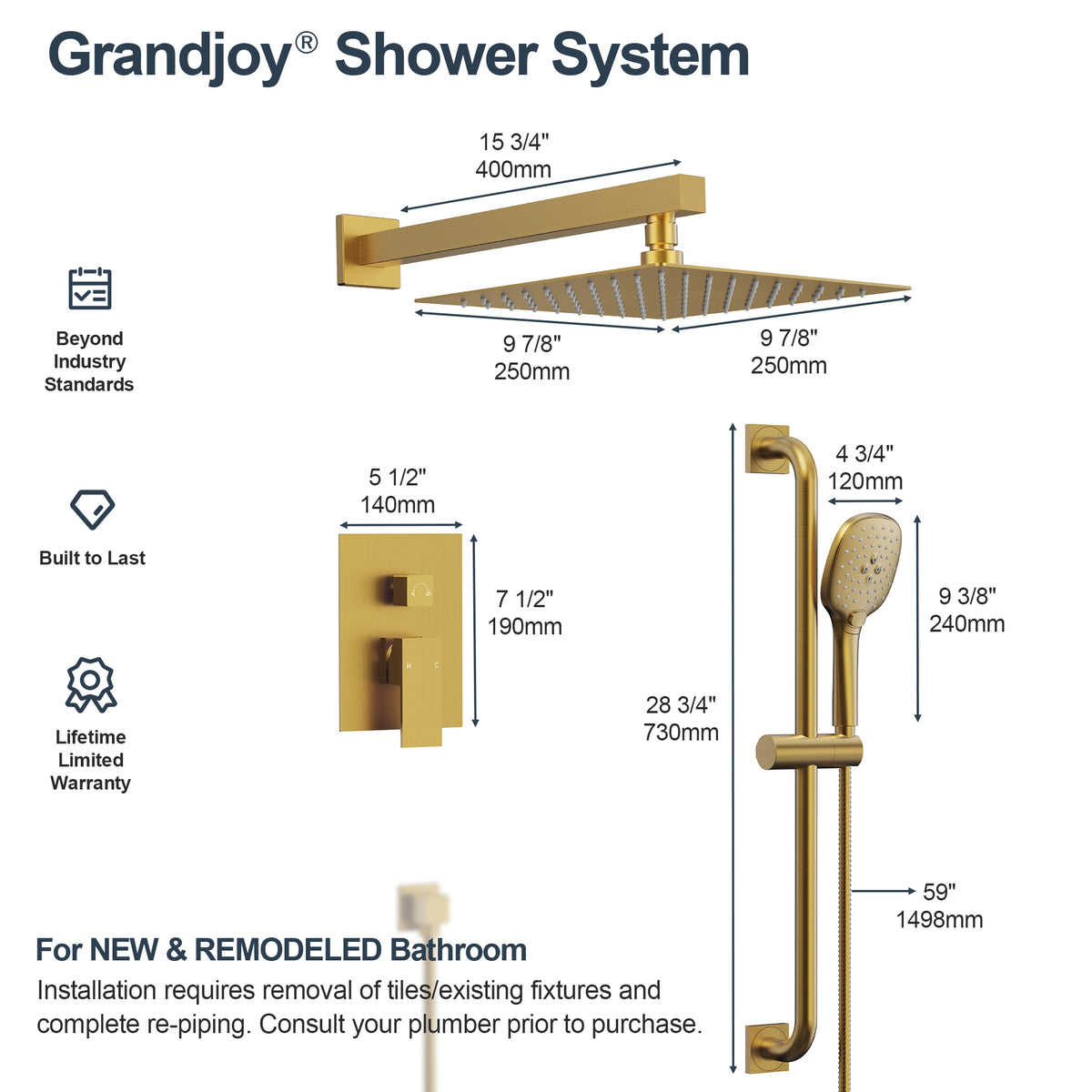 Square Wall-Mounted Shower System with Adjustable Slide Bar