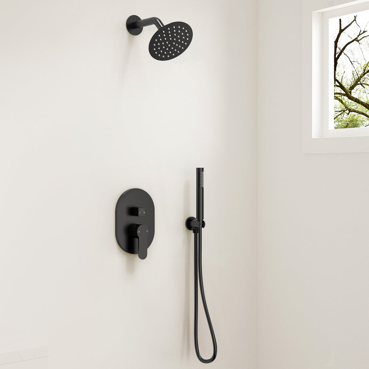 Round Wall-Mounted Rain Shower System with Handheld Spray