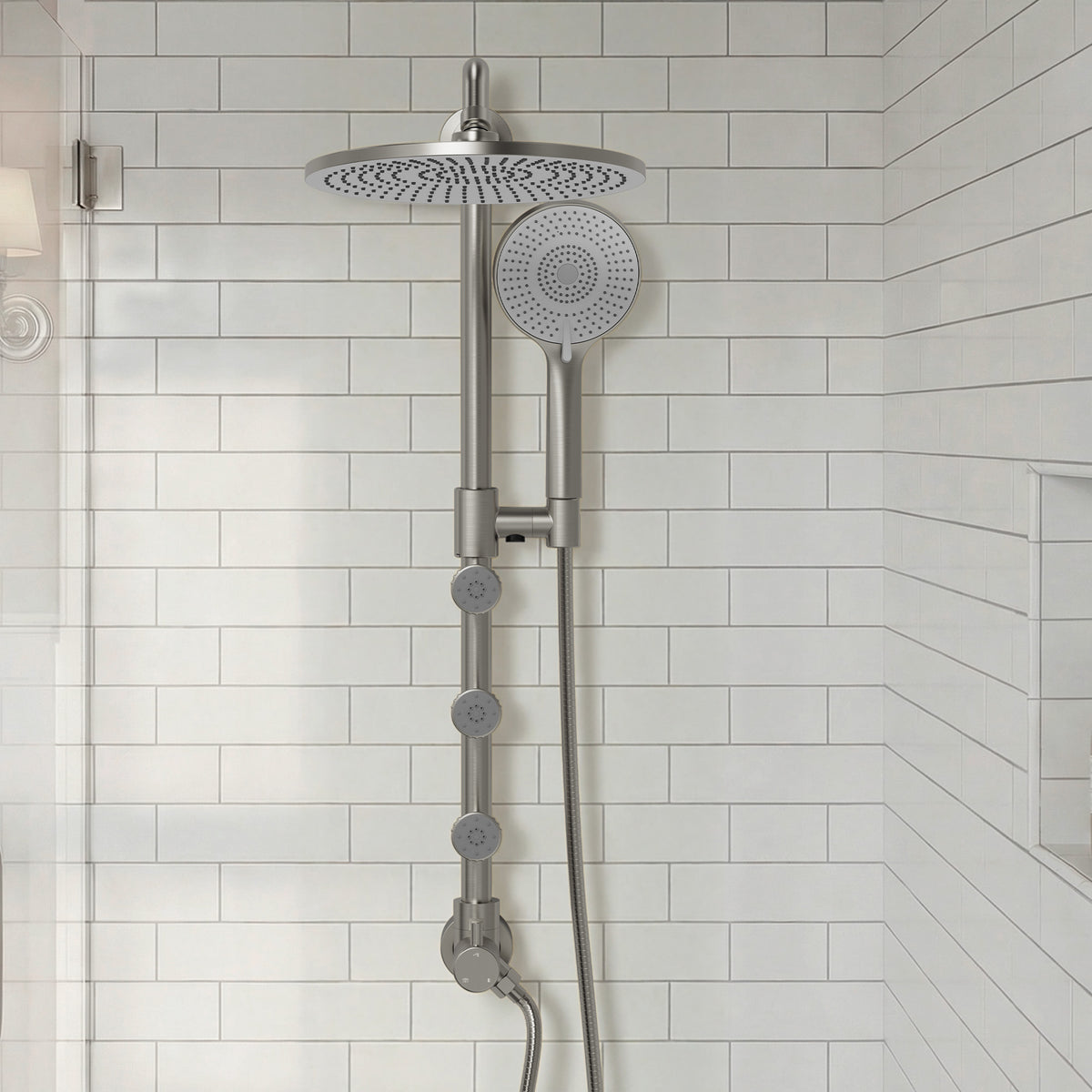 Exposed Rain Shower System with Handheld and Side Sprays