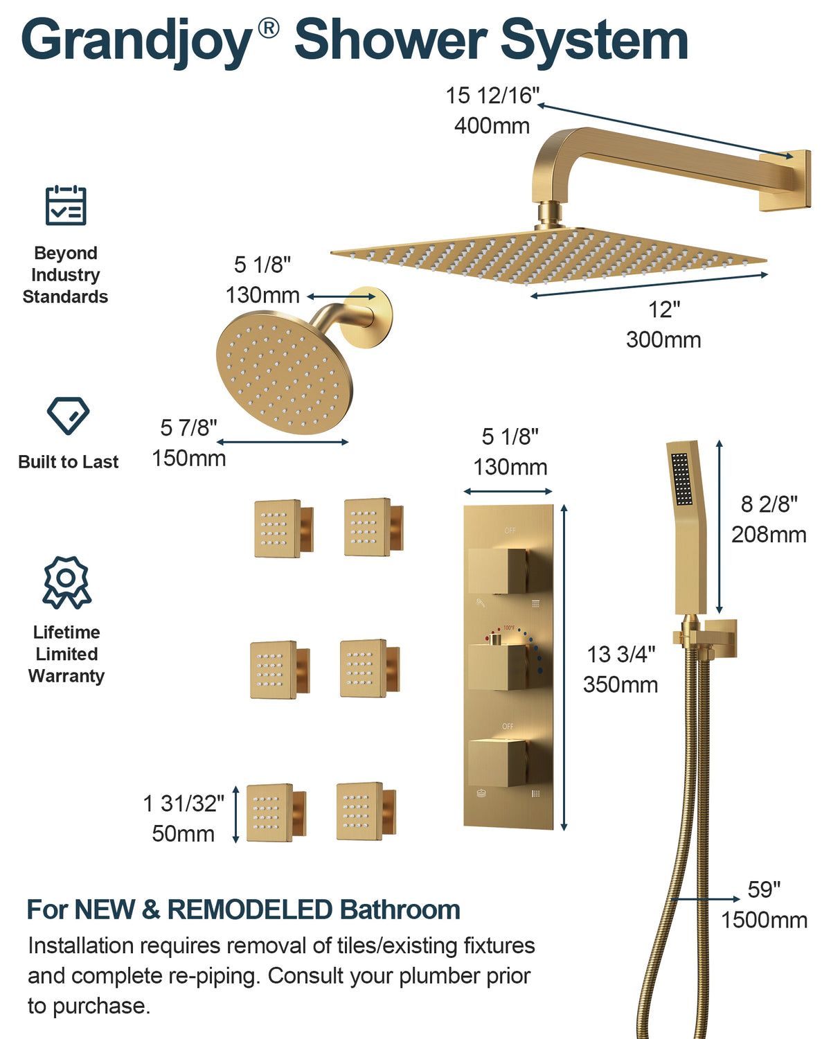 Wall-Mounted Thermostatic Dual Shower System with Six Body Jets