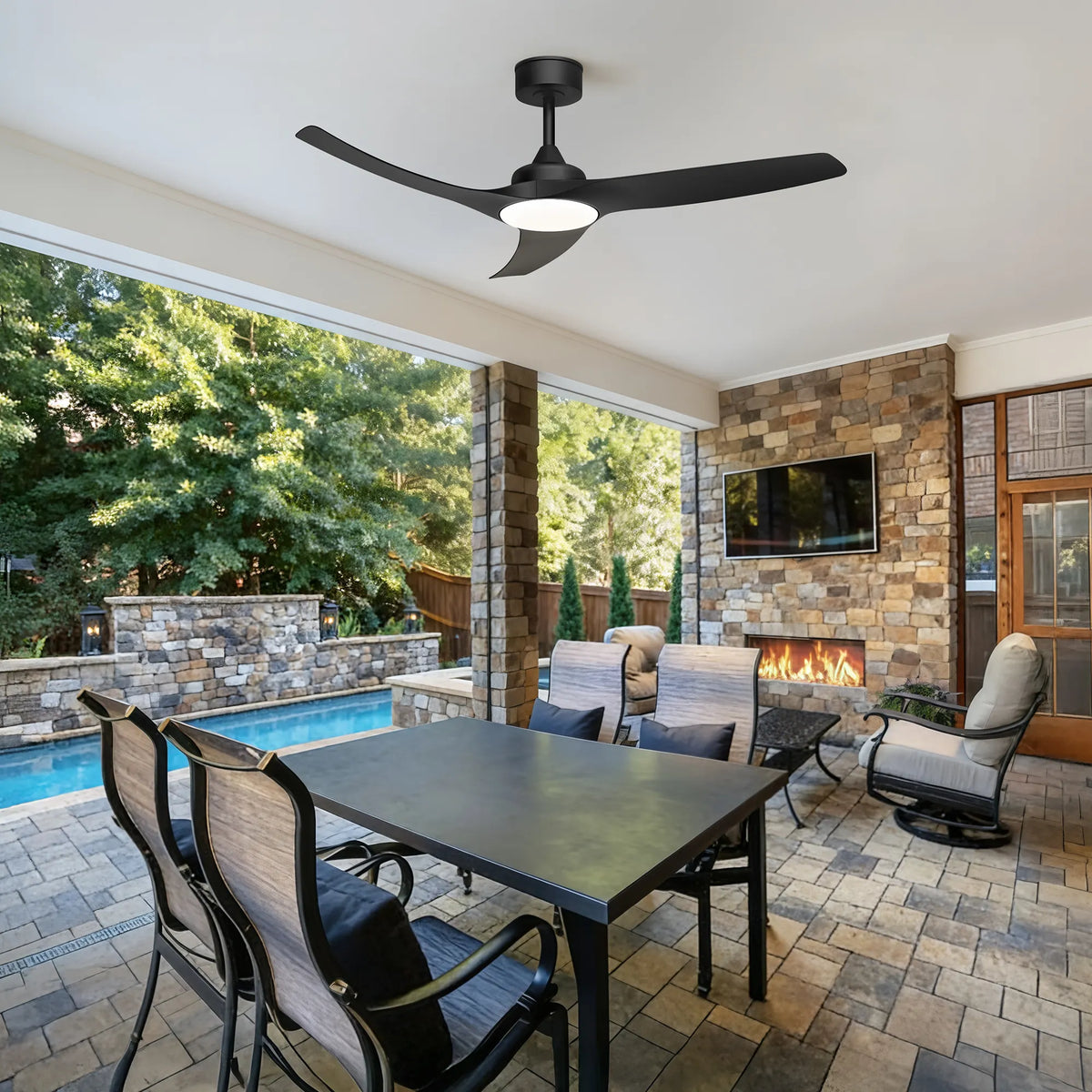 52-Inch Downrod Mount 3-Blade Indoor Outdoor Ceiling Fan with Light and Remote