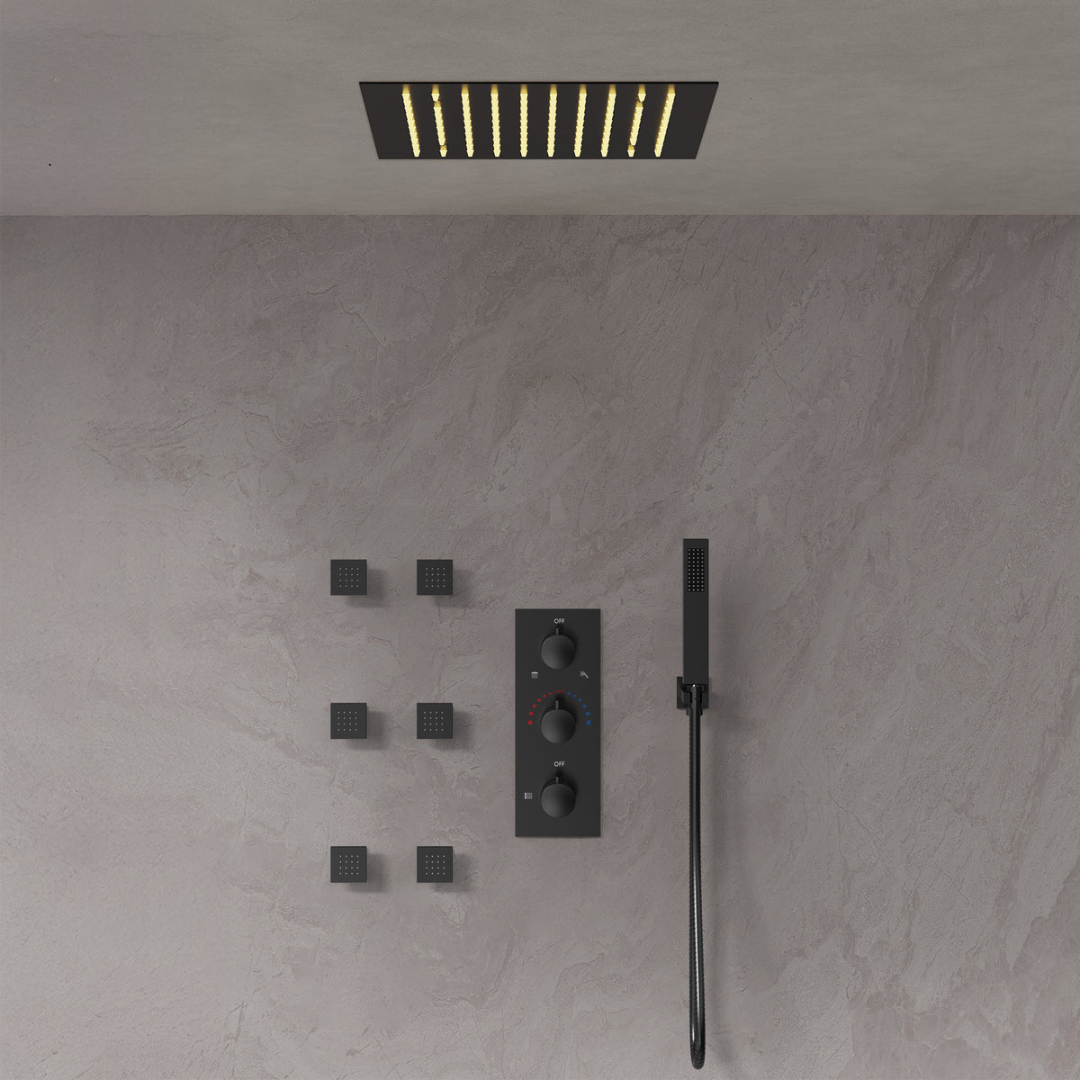LED Ceiling-Mounted Thermostatic Shower System with Body Jets and Handheld