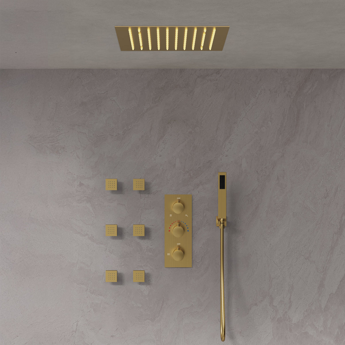 LED Ceiling-Mounted Thermostatic Shower System with Body Jets and Handheld