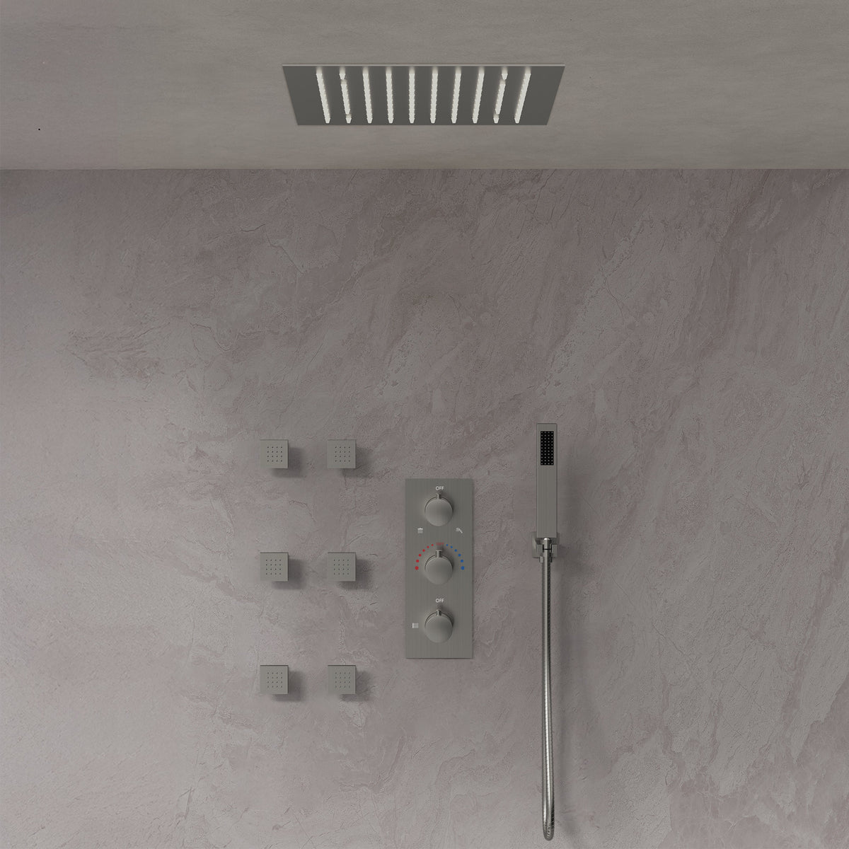 LED Ceiling-Mounted Thermostatic Shower System with Body Jets and Handheld