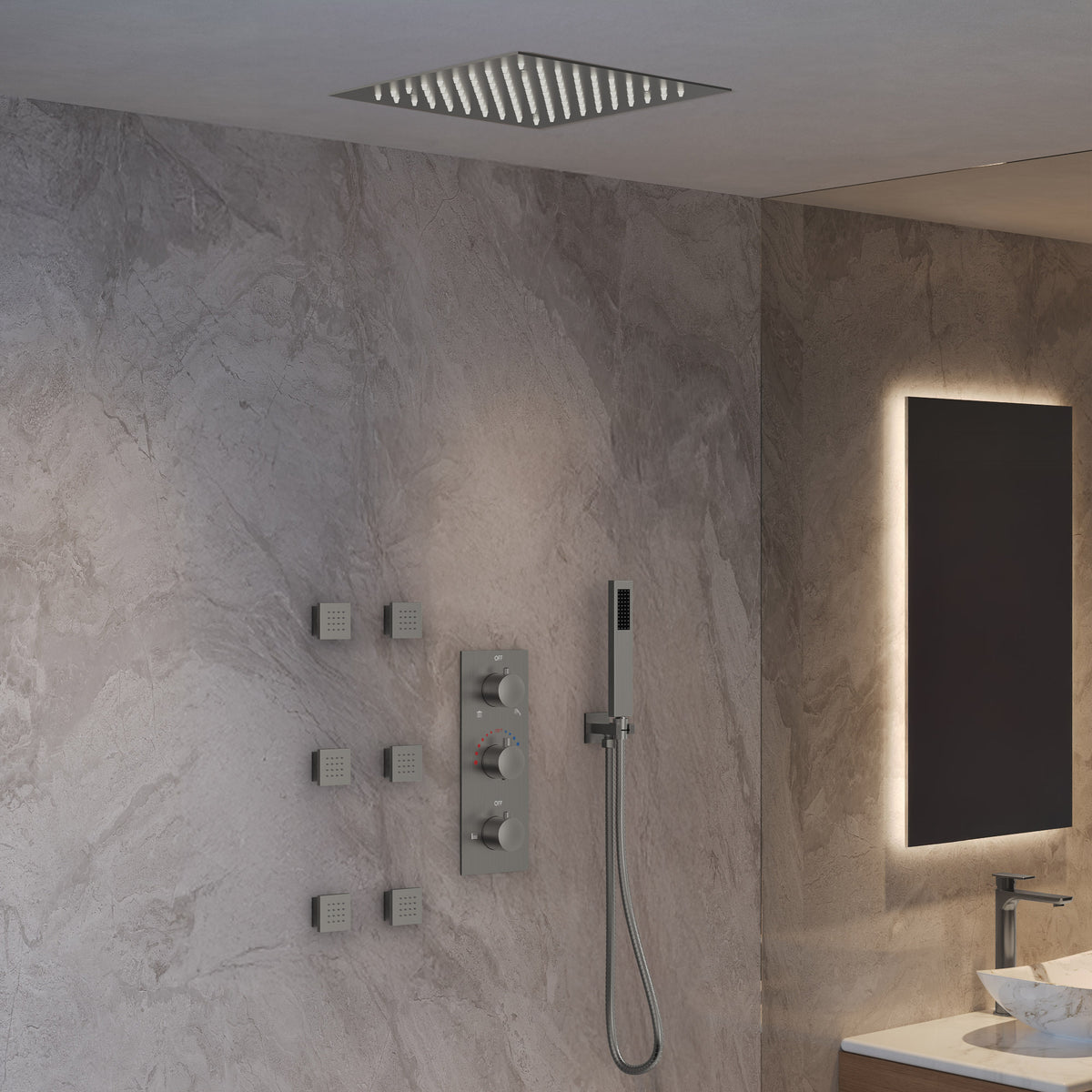 LED Ceiling-Mounted Thermostatic Shower System with Body Jets and Handheld