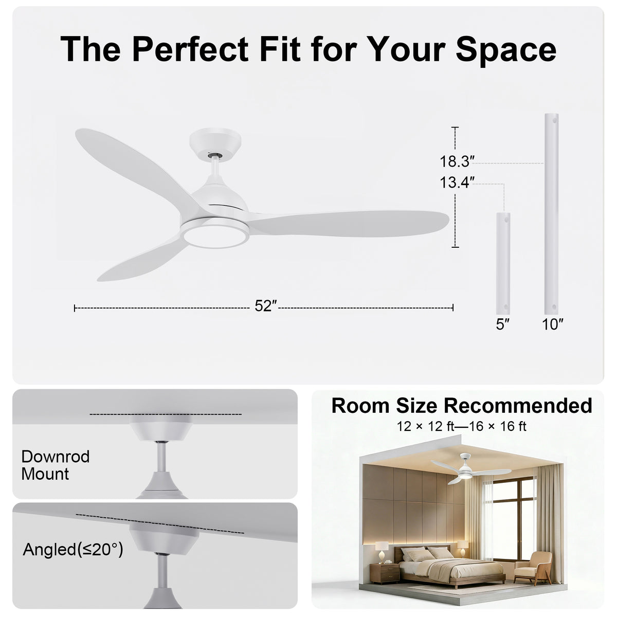52-Inch Downrod Mount 3-Blade Ceiling Fan with Light and Remote Control