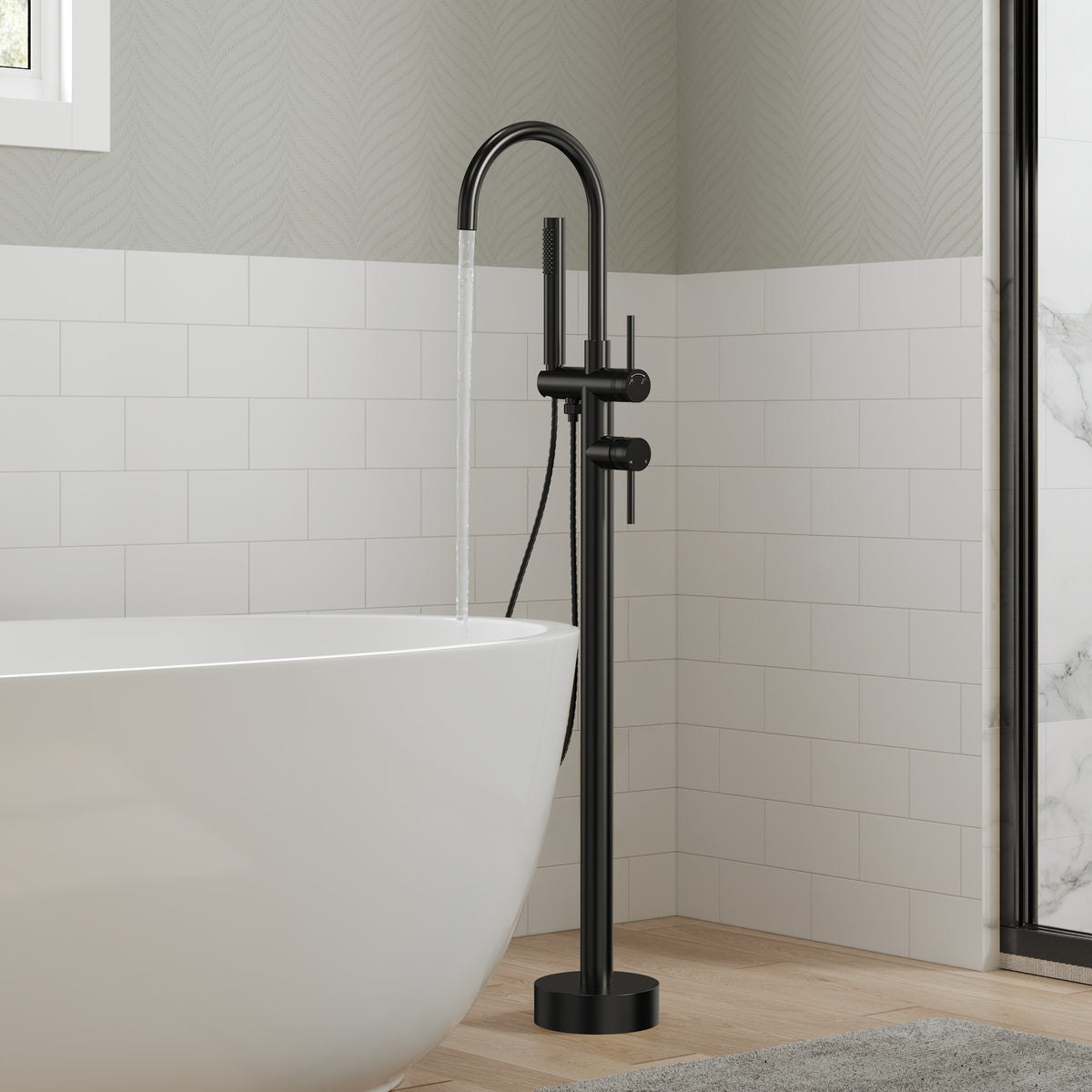 High-Arc Floor-Mounted Freestanding Bathtub Faucet with Hand Shower and Swivel Spout