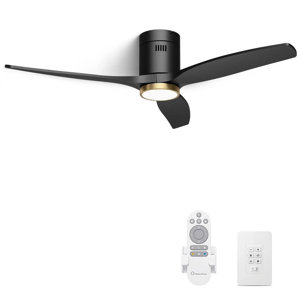 52-Inch Flush-Mount 3-Blade Ceiling Fan with Light, Wall Control and Remote