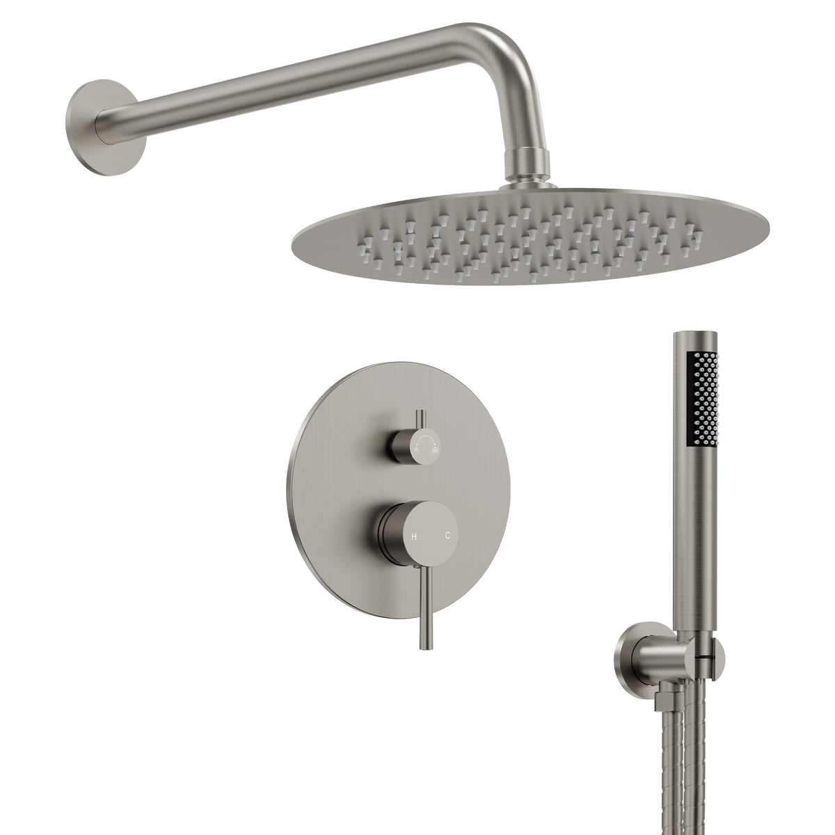 Round Wall-Mounted Shower System with Rainfall Head and Handheld