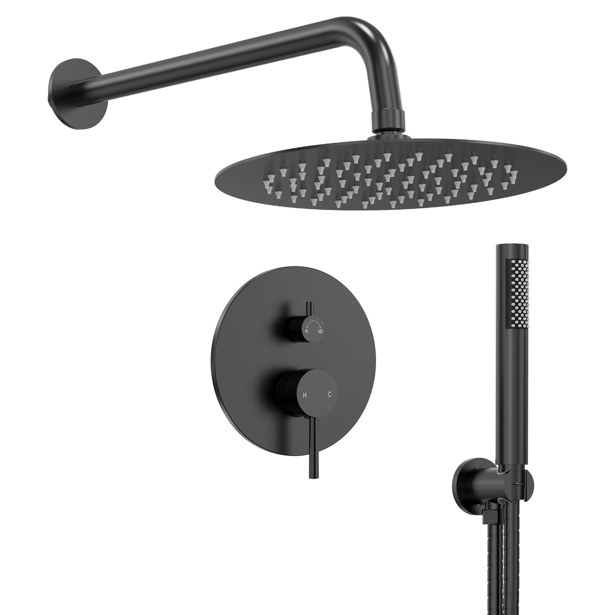 Round Wall-Mounted Shower System with Rainfall Head and Handheld