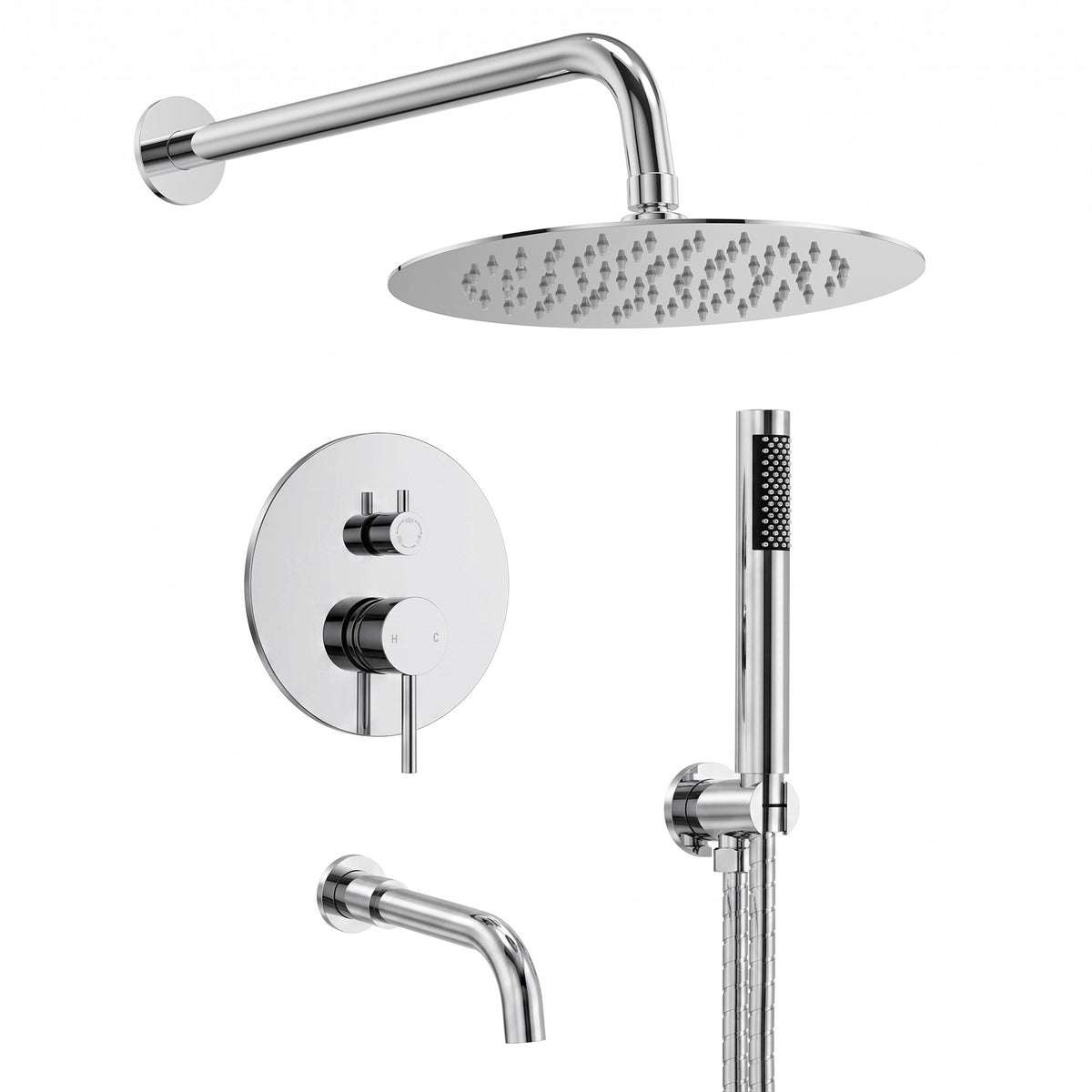 Round Wall-Mounted Rain Shower System with Handheld and Tub Spout