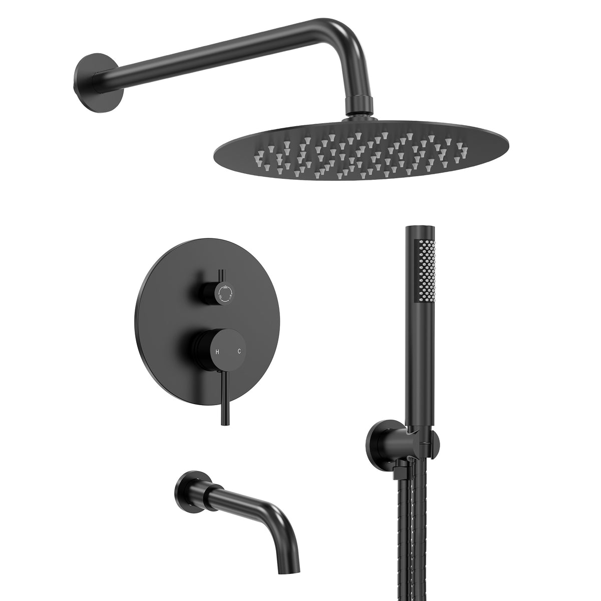 Round Wall-Mounted Rain Shower System with Handheld and Tub Spout