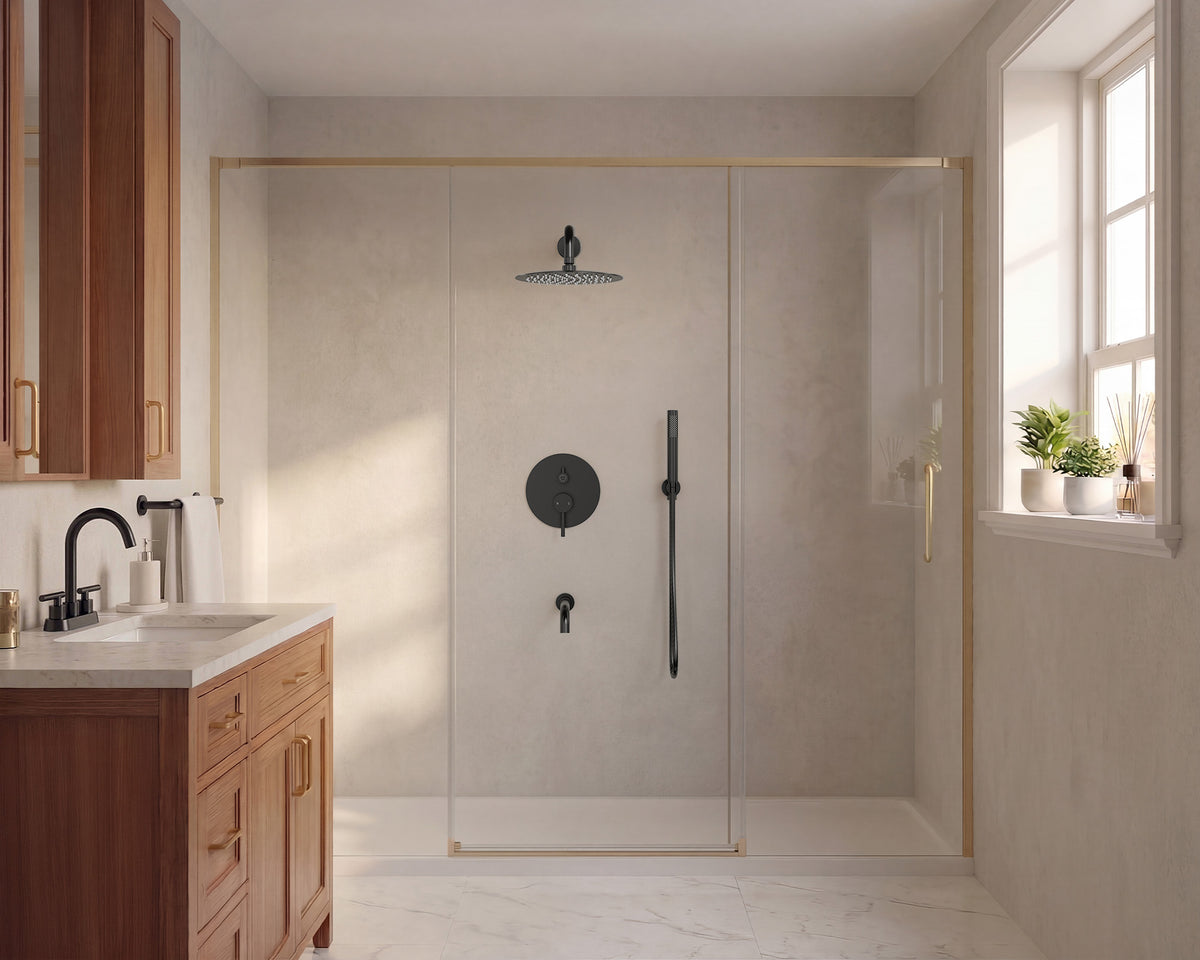 Round Wall-Mounted Rain Shower System with Handheld and Tub Spout