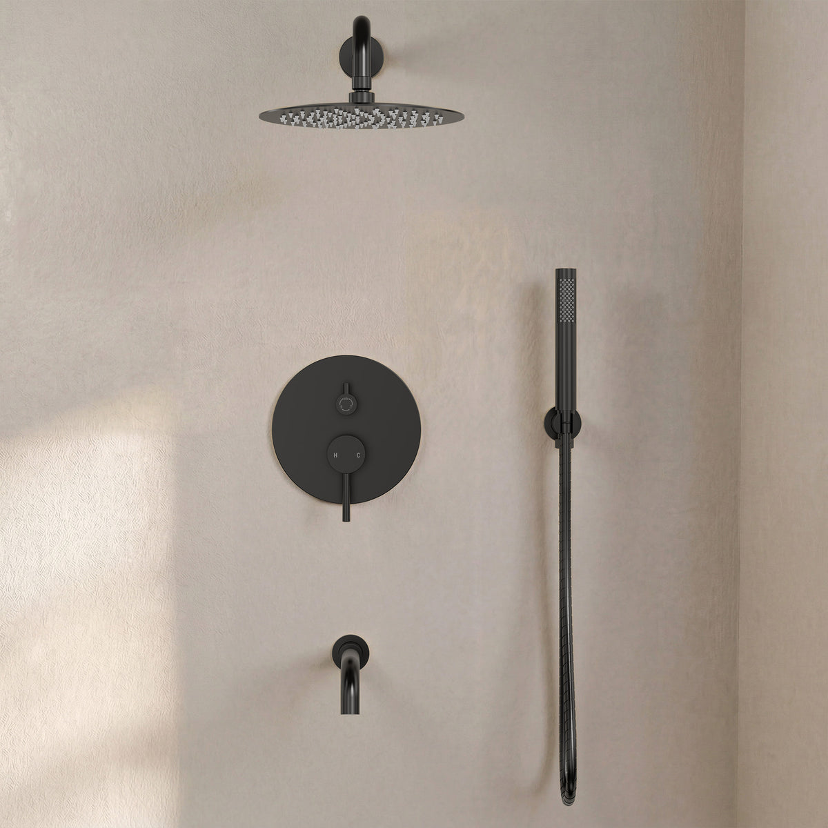 Round Wall-Mounted Rain Shower System with Handheld and Tub Spout