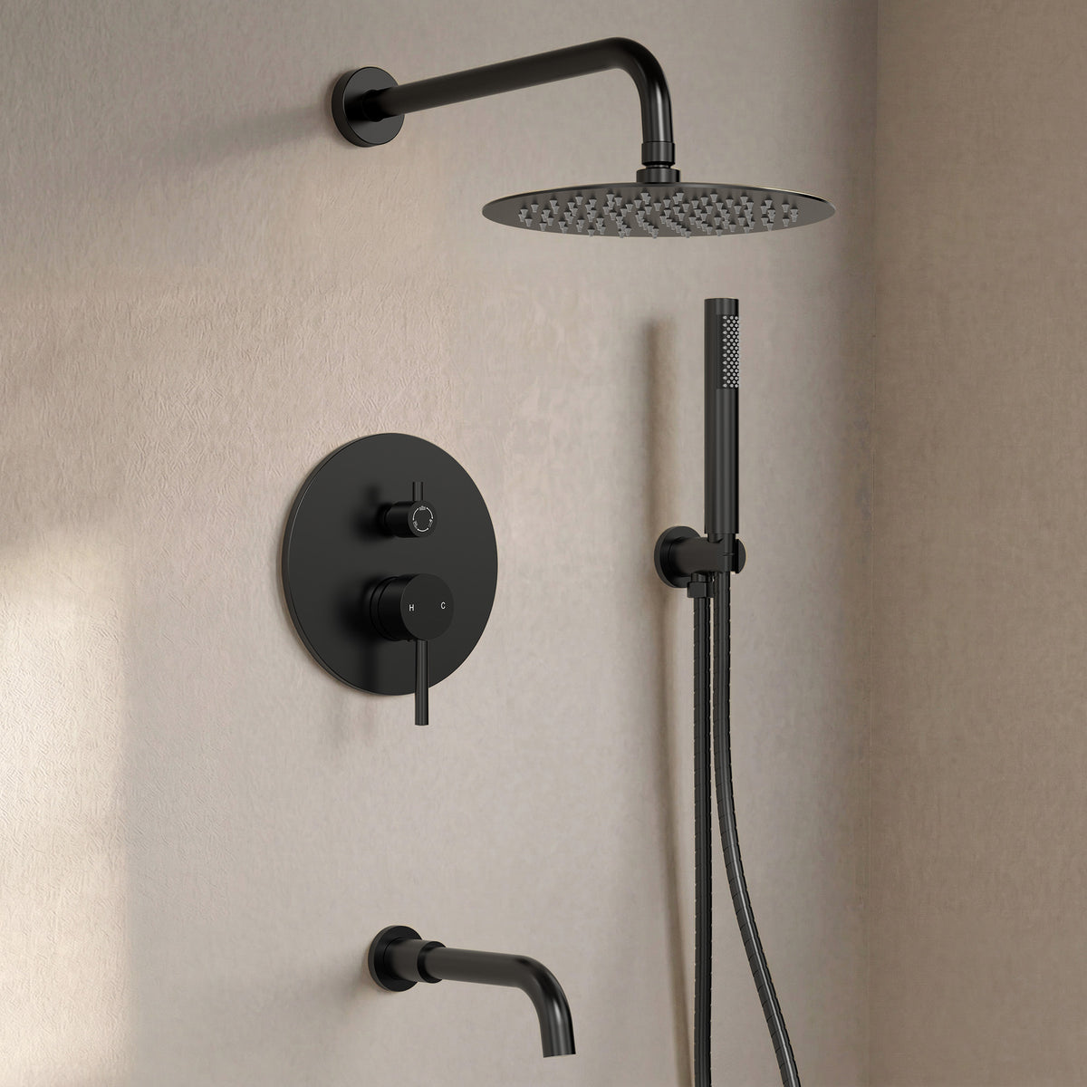 Round Wall-Mounted Rain Shower System with Handheld and Tub Spout