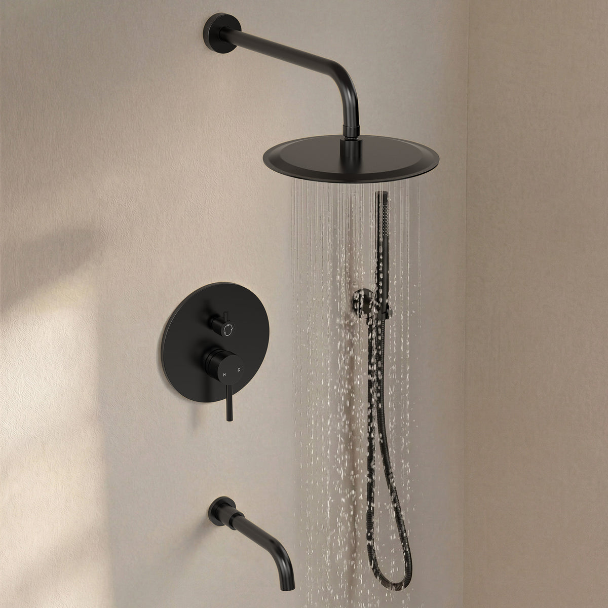 Round Wall-Mounted Rain Shower System with Handheld and Tub Spout