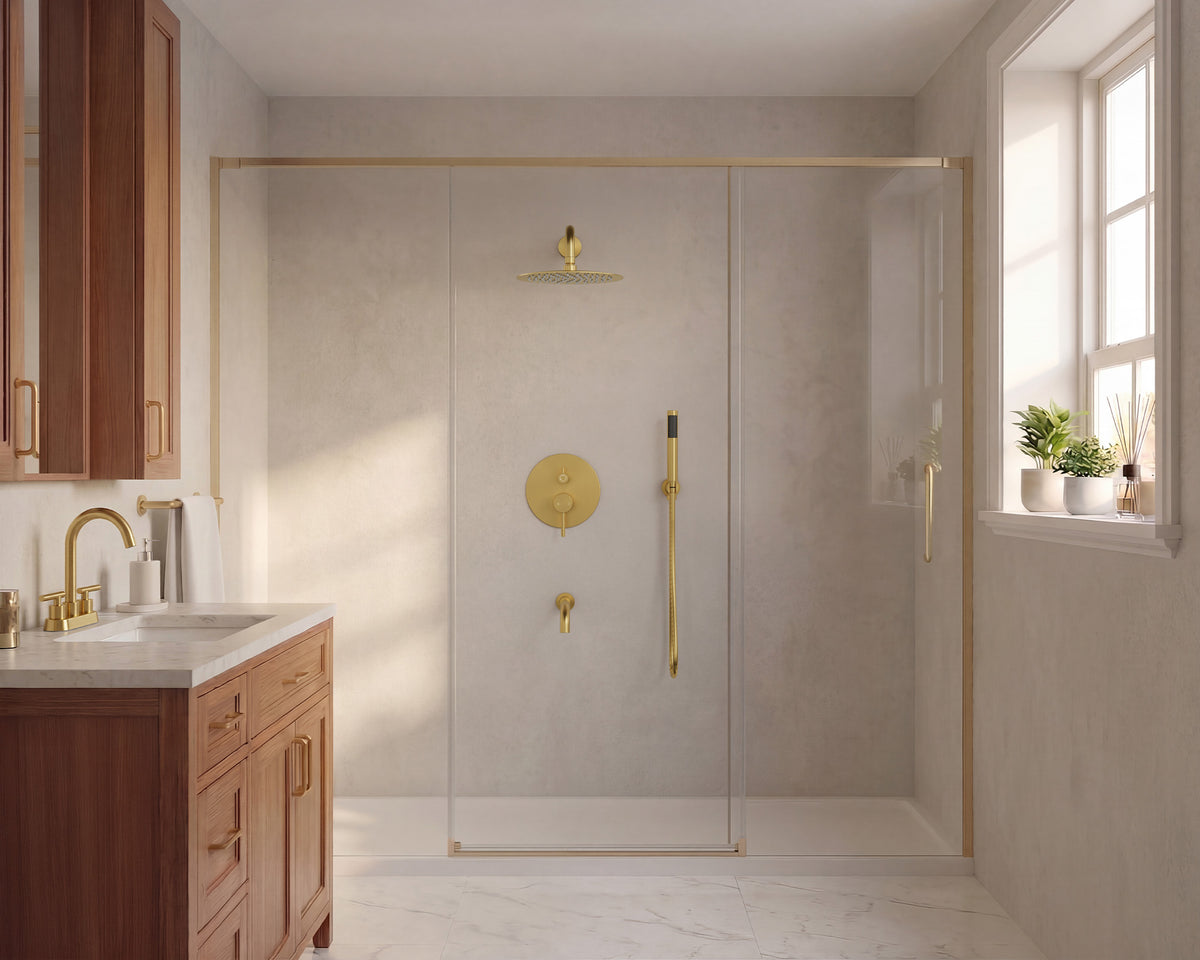 Round Wall-Mounted Rain Shower System with Handheld and Tub Spout