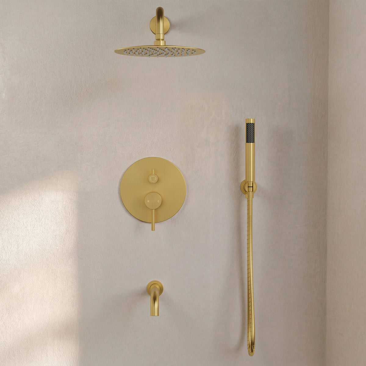 Round Wall-Mounted Rain Shower System with Handheld and Tub Spout