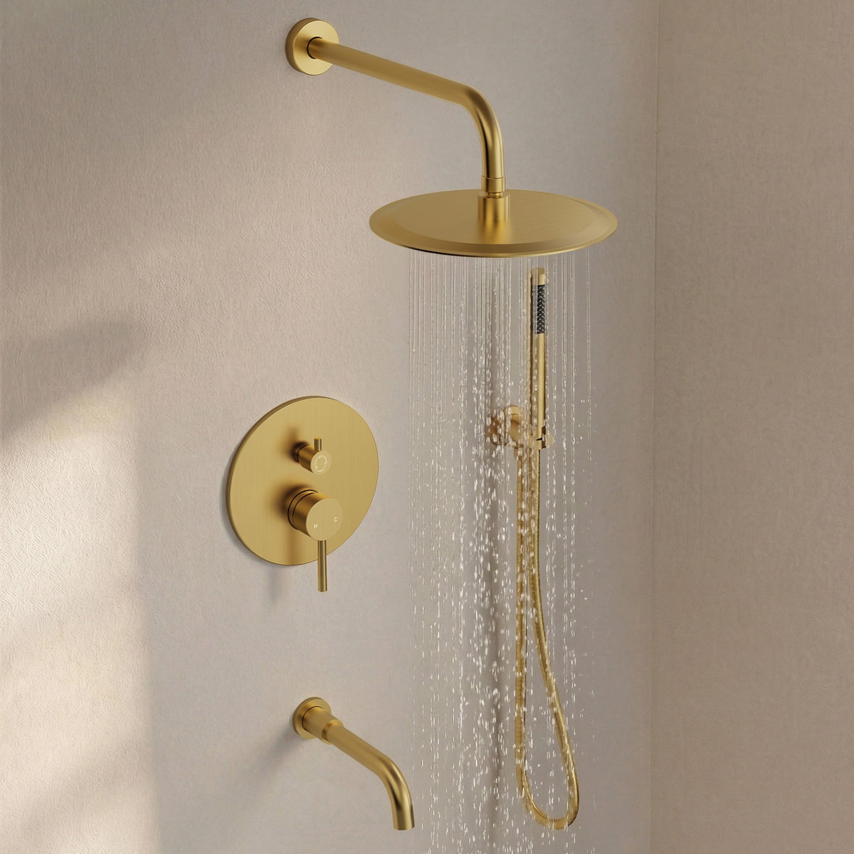 Round Wall-Mounted Rain Shower System with Handheld and Tub Spout