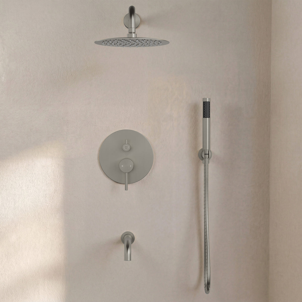 Round Wall-Mounted Rain Shower System with Handheld and Tub Spout