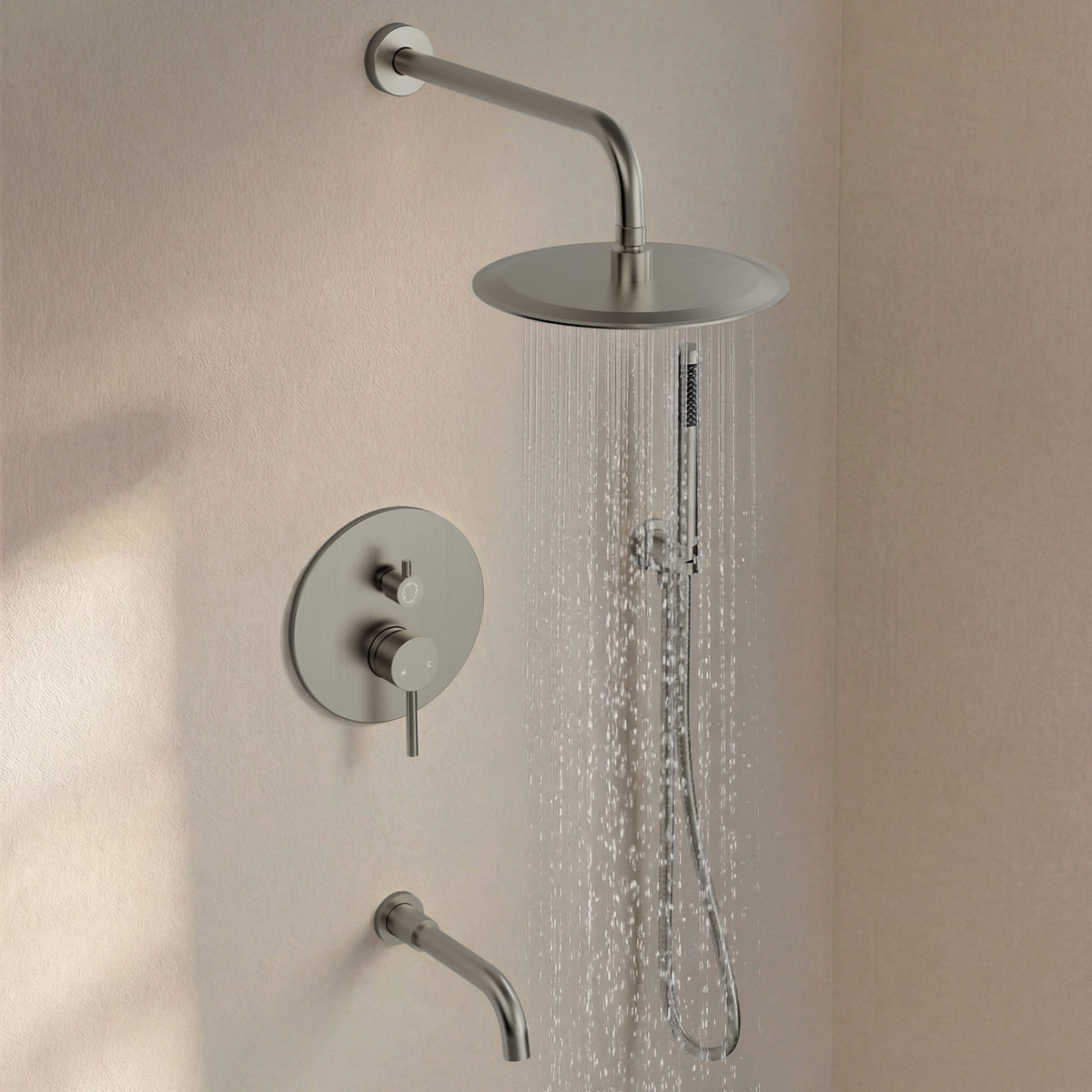 Round Wall-Mounted Rain Shower System with Handheld and Tub Spout