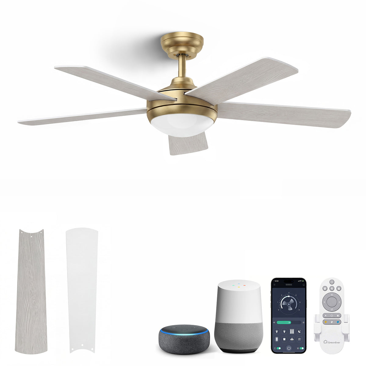 48-Inch Downrod Mount 5-Blade Ceiling Fan with Light and Smart Control