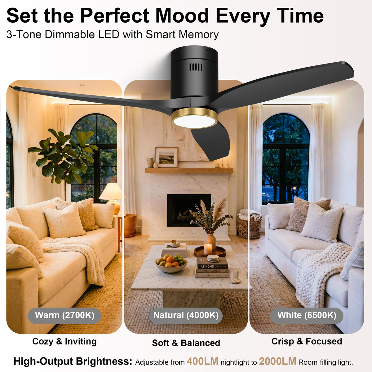 52-Inch Flush-Mount 3-Blade Ceiling Fan with Light, Wall Control and Remote