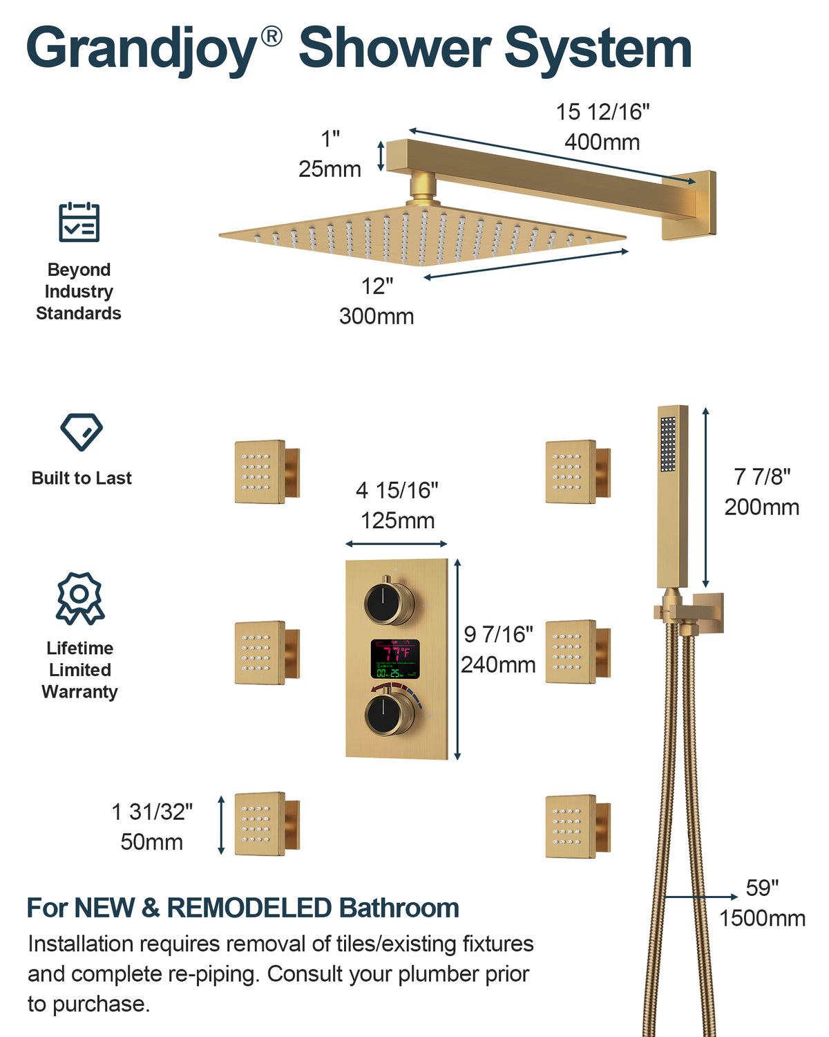 LED Wall-Mounted Shower System with Six Body Jets and Handheld