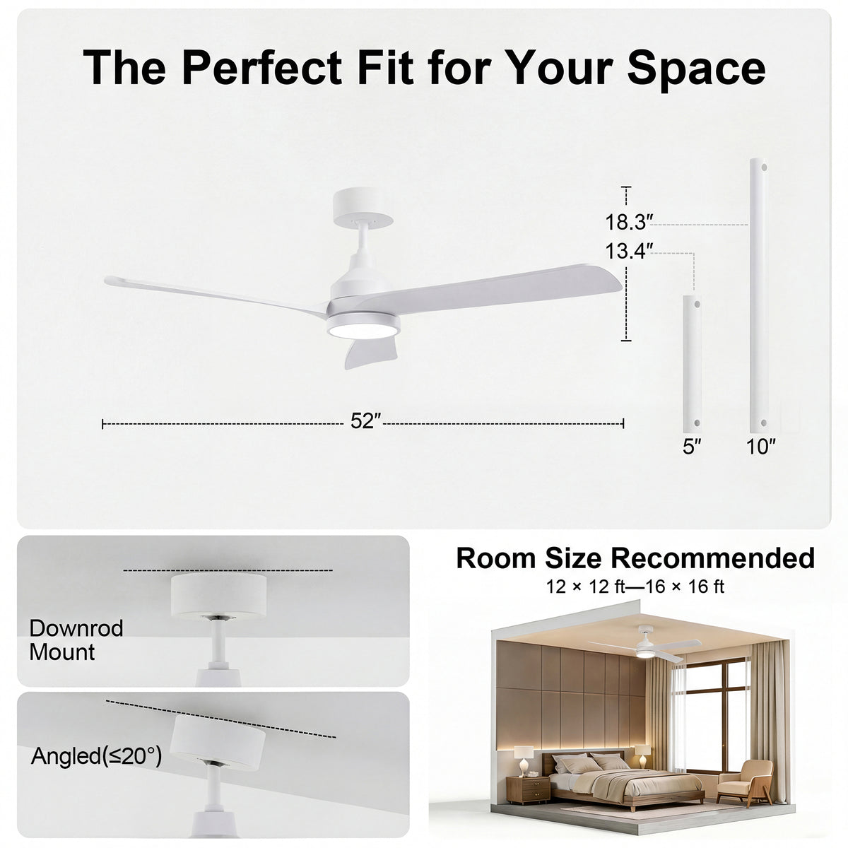 52-Inch Downrod Mount 3-Blade Ceiling Fan with Light and Remote Control