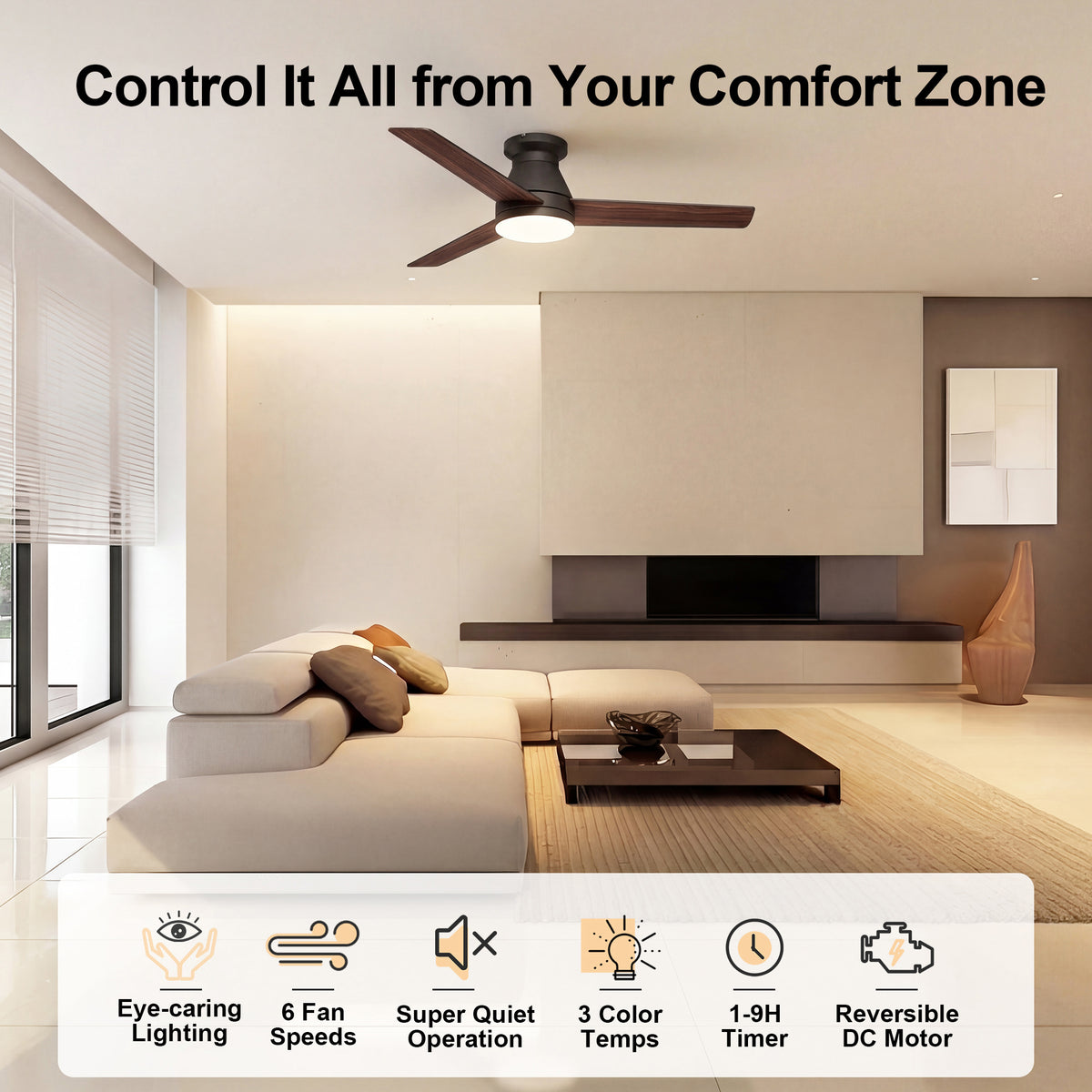 52-Inch Flush Mount 3-Blade Ceiling Fan with Light and Remote Control