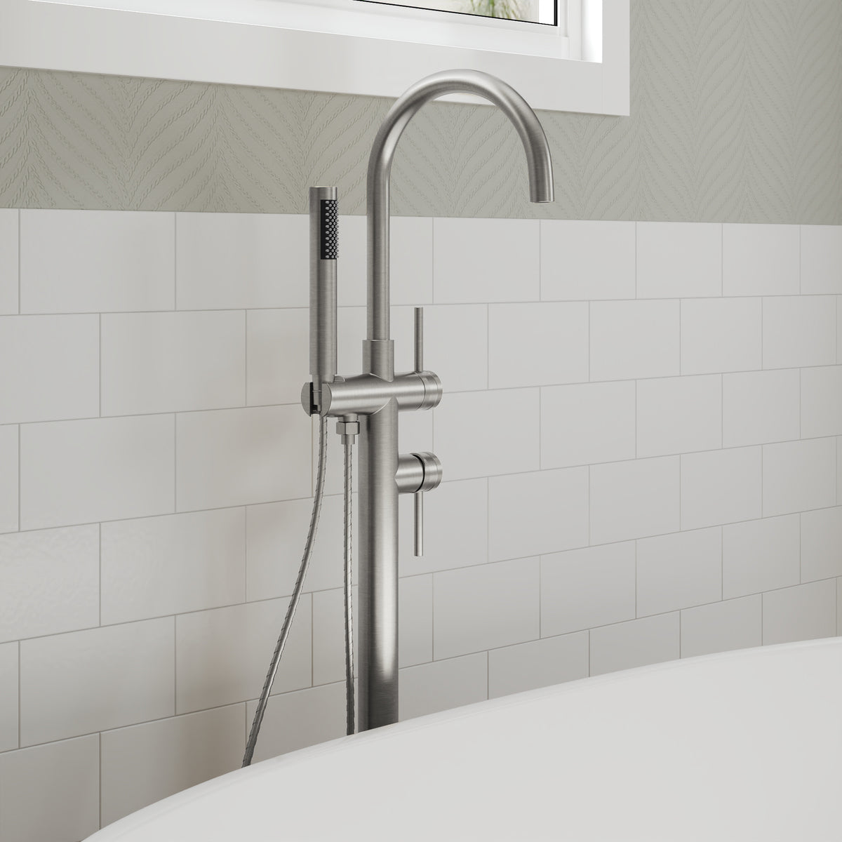 High-Arc Floor-Mounted Freestanding Bathtub Faucet with Hand Shower and Swivel Spout