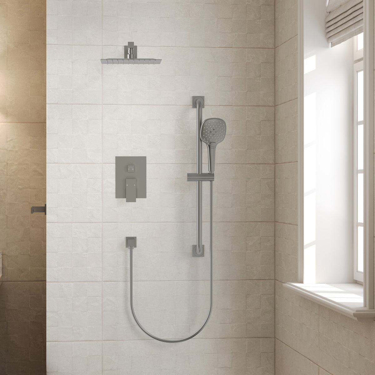 Square Wall-Mounted Shower System with Adjustable Slide Bar