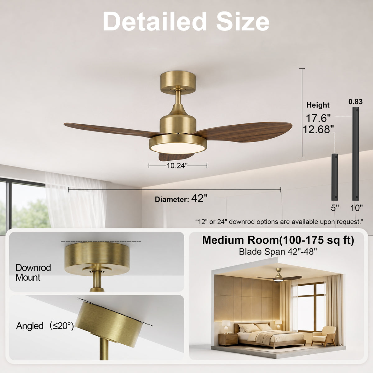 42-Inch Downrod Mount 3-Blade Ceiling Fan with Light and Remote Control