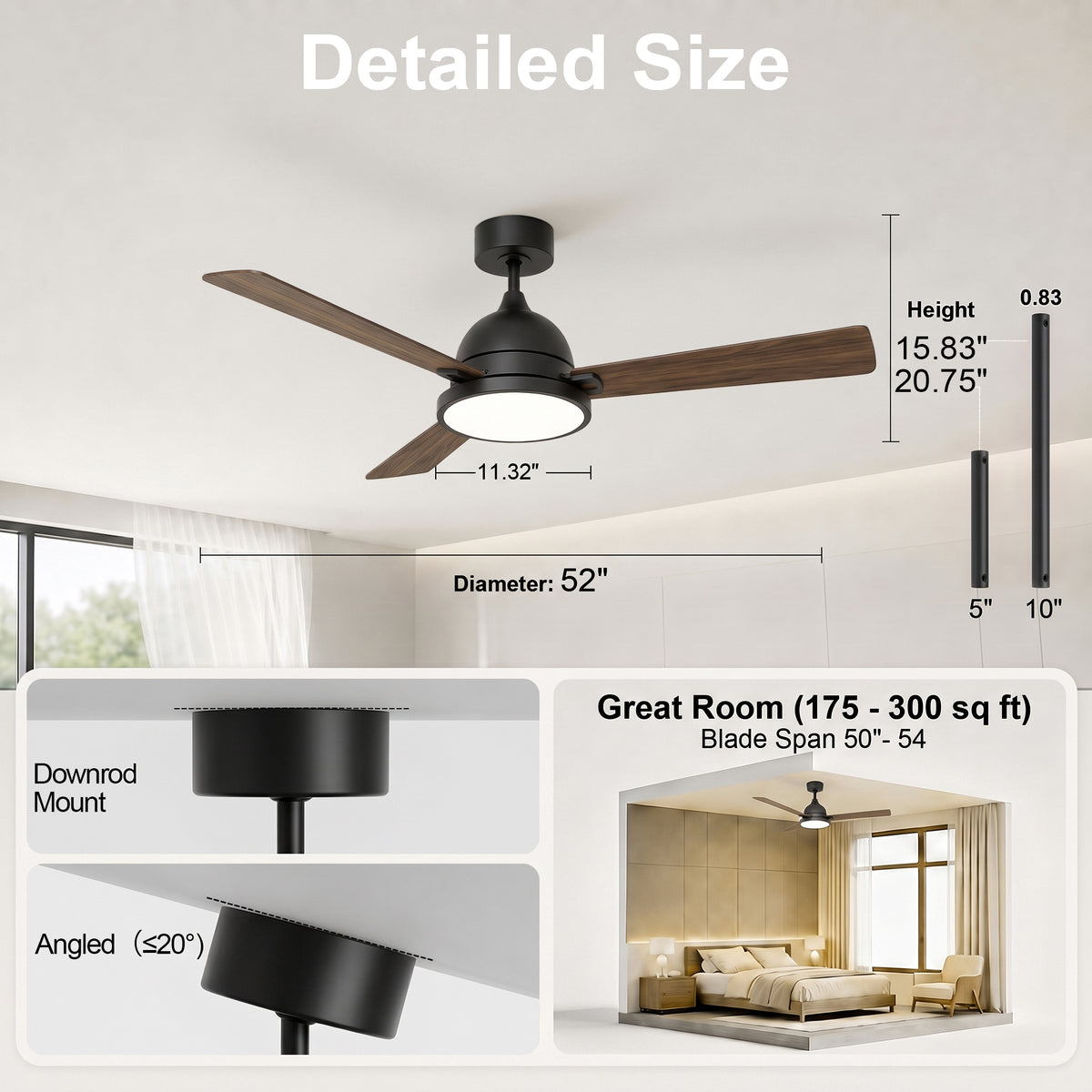 52-Inch Downrod Mount 3-Blade Ceiling Fan with Light and Remote Control