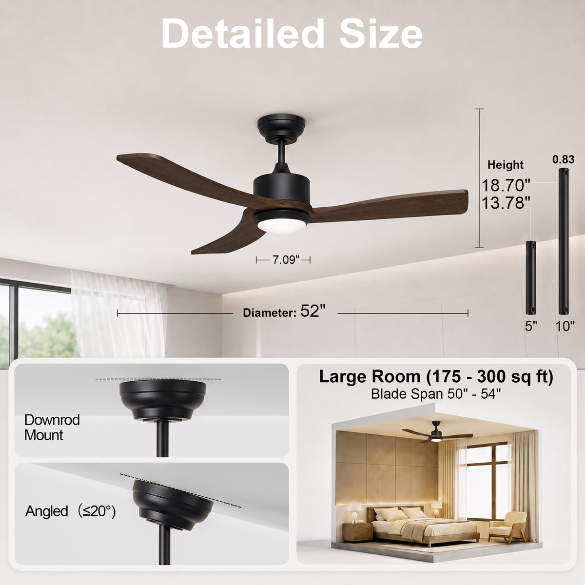 52-Inch Downrod Mount 3-Blade Ceiling Fan with Light and Remote Control