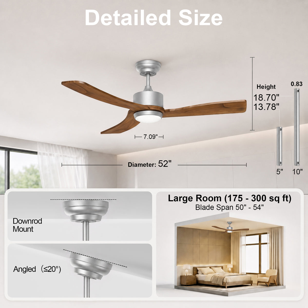52-Inch Downrod Mount 3-Blade Ceiling Fan with Light and Remote Control
