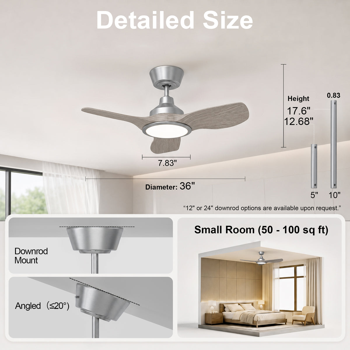 36-Inch Downrod Mount 3-Blade Ceiling Fan with Light and Remote Control
