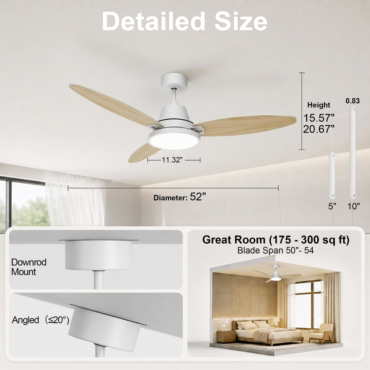 52-Inch Downrod Mount 3-Blade Ceiling Fan with Light and Remote Control