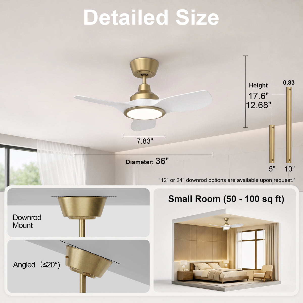 36-Inch Downrod Mount 3-Blade Ceiling Fan with Light and Remote Control