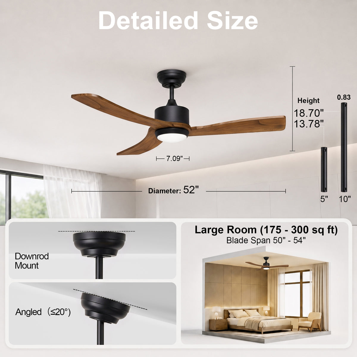 52-Inch Downrod Mount 3-Blade Ceiling Fan with Light and Remote Control