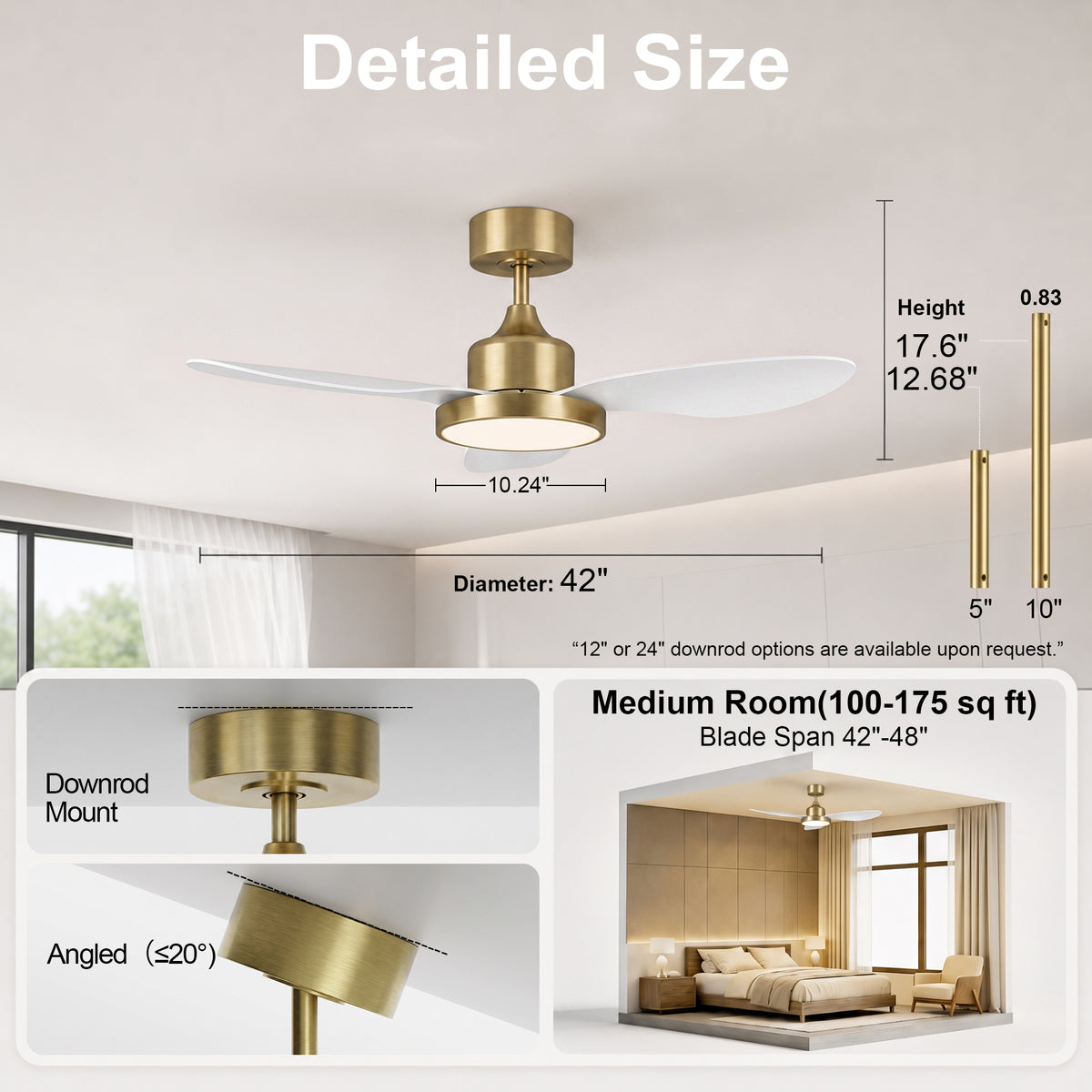 42-Inch Downrod Mount 3-Blade Ceiling Fan with Light and Remote Control