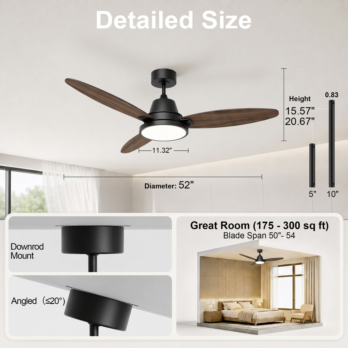 52-Inch Downrod Mount 3-Blade Ceiling Fan with Light and Remote Control