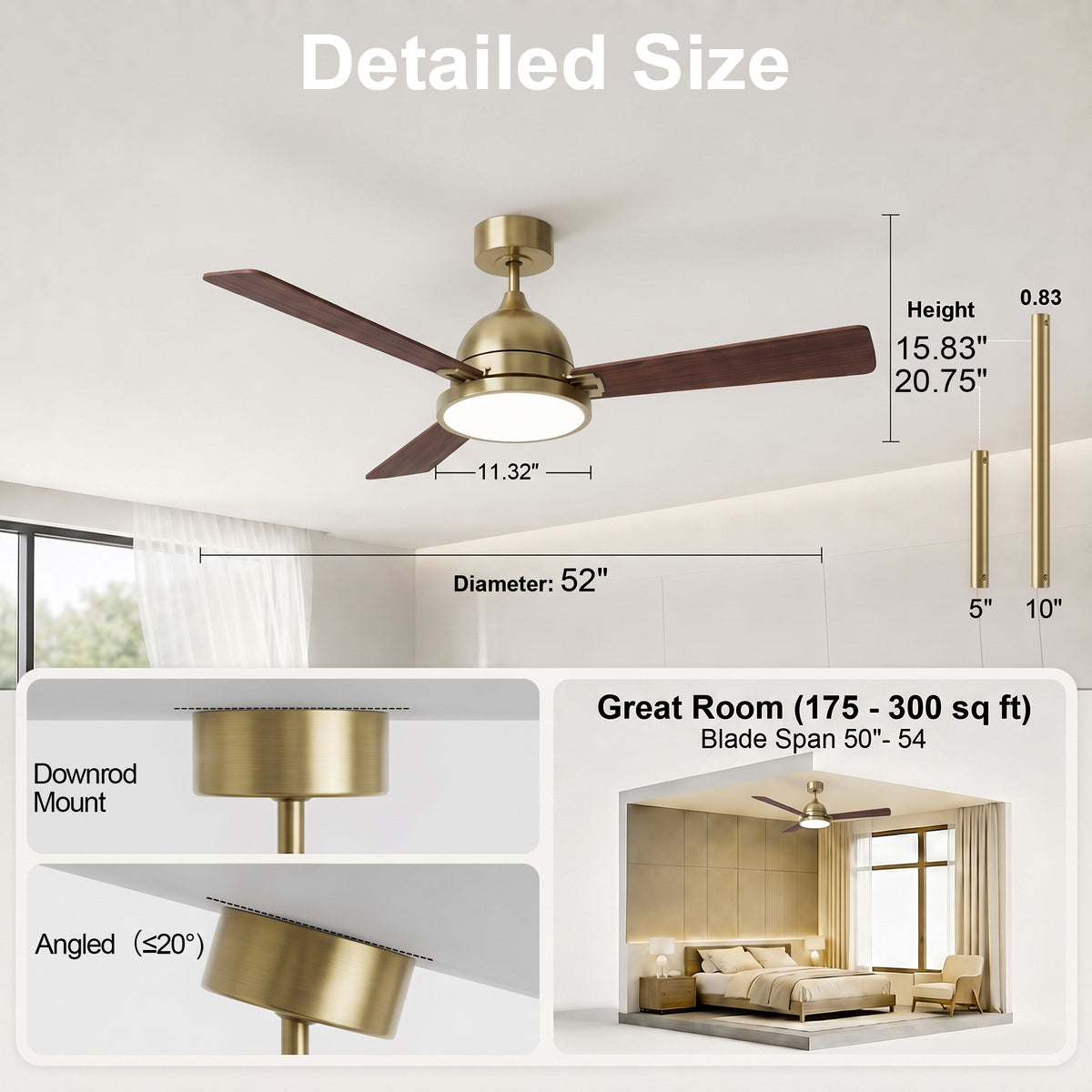 52-Inch Downrod Mount 3-Blade Ceiling Fan with Light and Remote Control