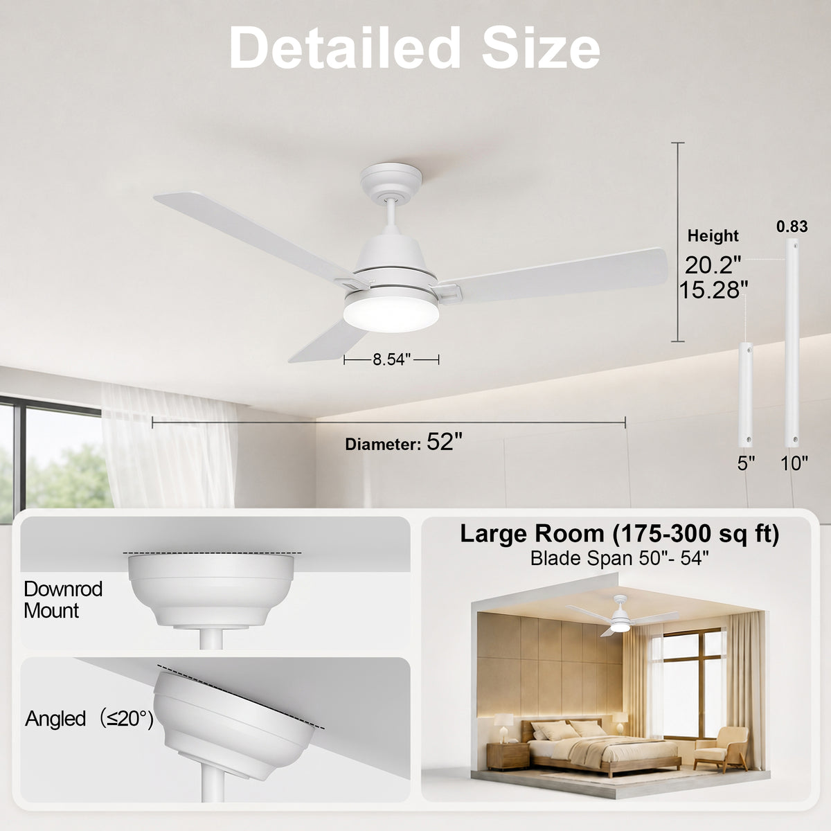 52-Inch Downrod Mount 3-Blade Ceiling Fan with Light and Remote Control