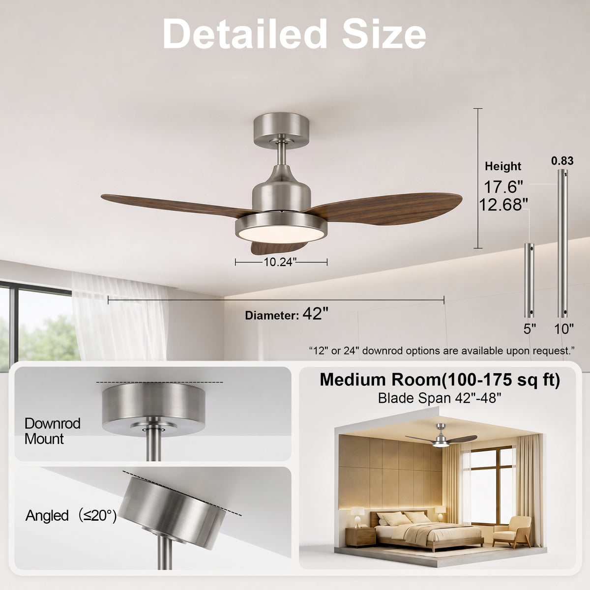 42-Inch Downrod Mount 3-Blade Ceiling Fan with Light and Remote Control