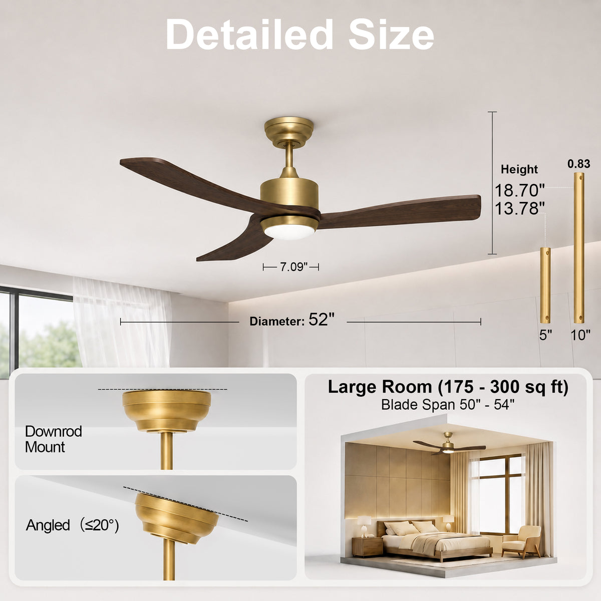52-Inch Downrod Mount 3-Blade Ceiling Fan with Light and Remote Control