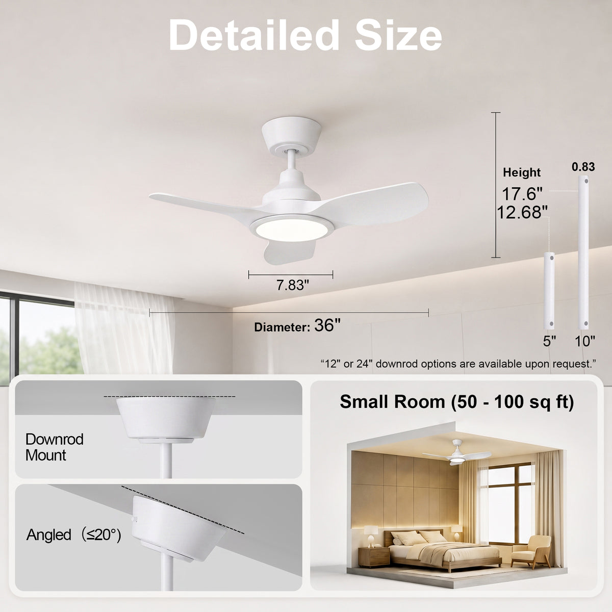 36-Inch Downrod Mount 3-Blade Ceiling Fan with Light and Remote Control
