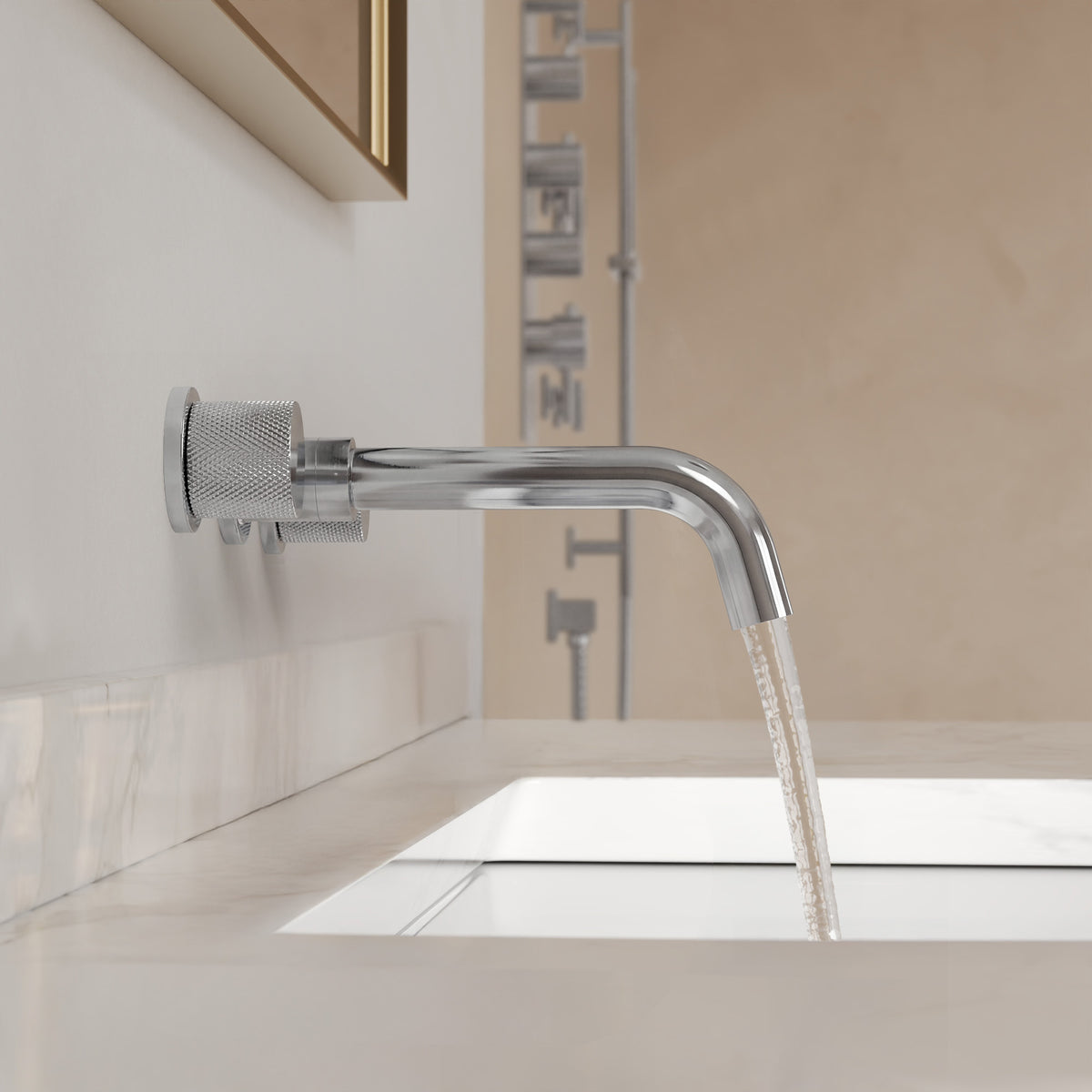Two-Handle Wall-Mount Bathroom Sink Faucet With Pop-Up Drain