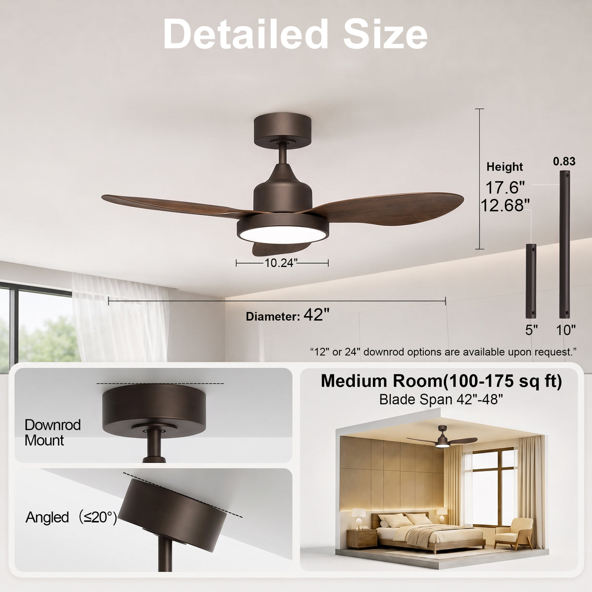 42-Inch Downrod Mount 3-Blade Ceiling Fan with Light and Remote Control